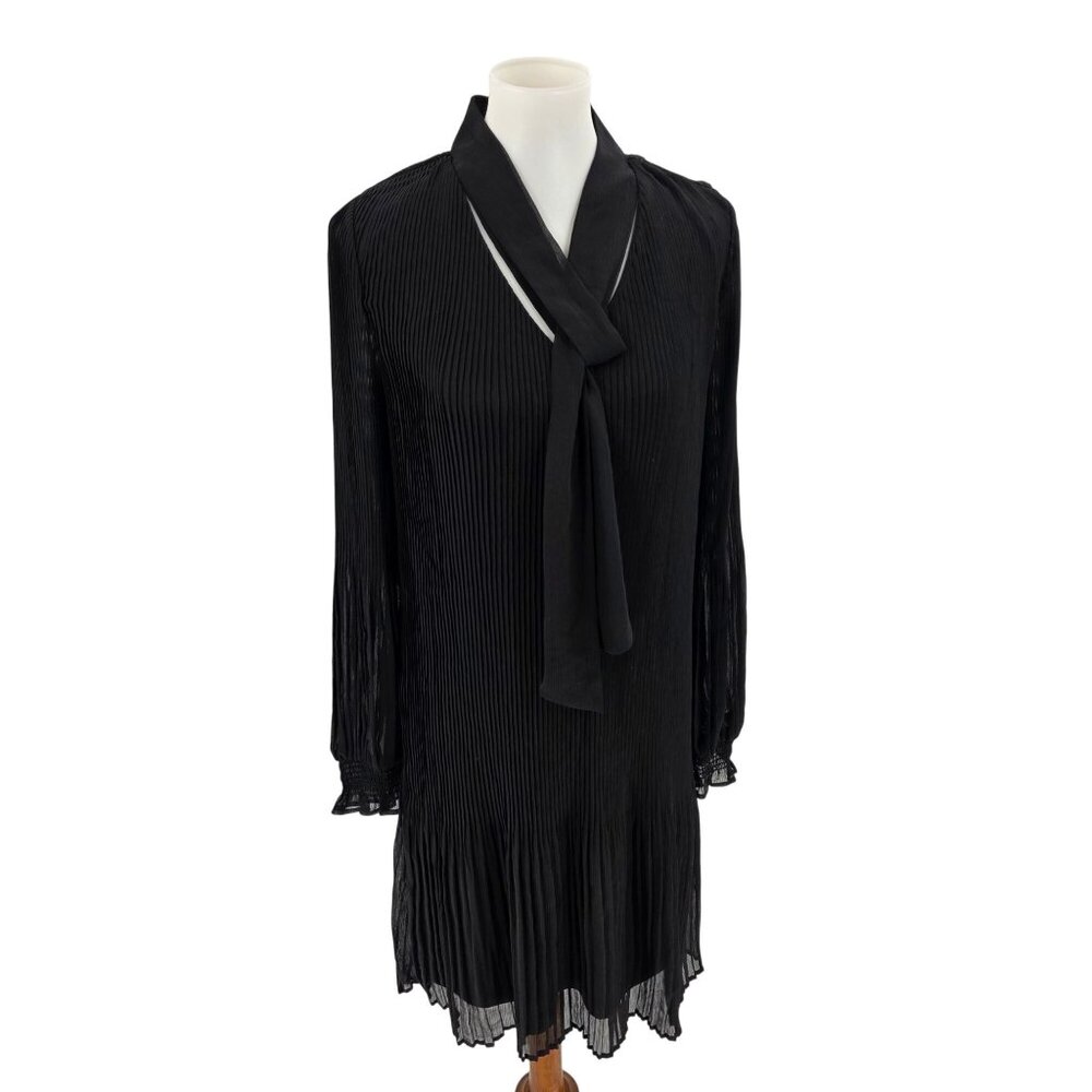 DKNY Black Pleated Tie-Neck Long Sleeve Dress Women’s Size 10